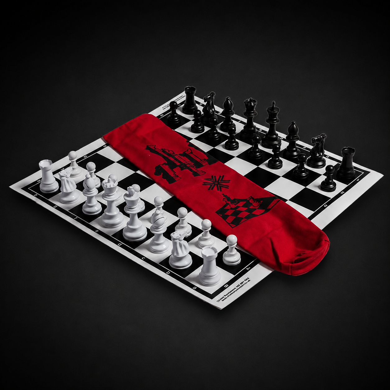 Custom Full chess sets (roll up board, pieces , draw string bag for set )